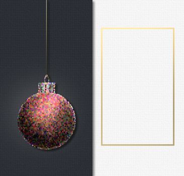 Christmas modern background. Hanging abstract Xmas ball bauble, golden frame over white. Christmas festive card. Mock up, place for text. 3D illustration