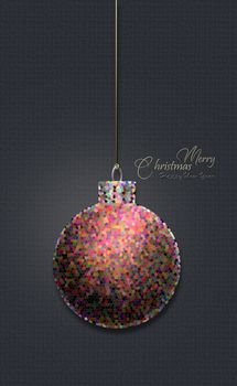 Merry Christmas minimalist stylish trendy design. Abstract Xmas ball hanging on gold shiny rod, text Merry Christmas Happy New Year over dark. Greeting invitation card, place for text. 3D illustration