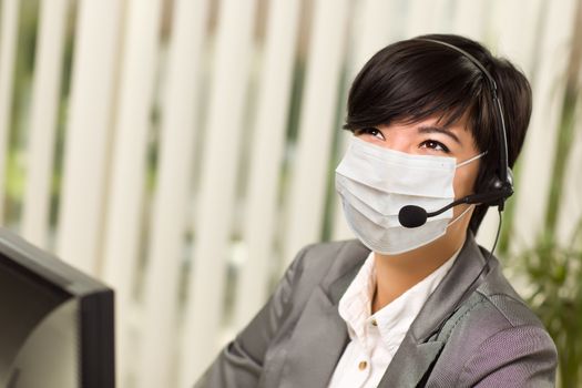 Woman At Office Desk Wearing Medical Face Mask.