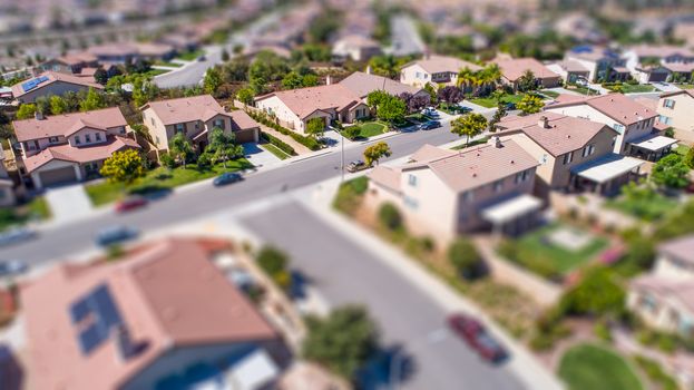 Aerial View of Populated Neigborhood Of Houses With Tilt-Shift Blur.