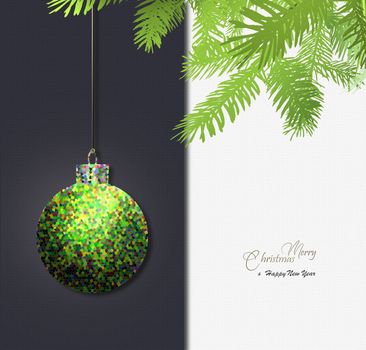 Christmas abstract design. Green bauble ball, fir branches, golden text Merry Christmas Happy New Year on white background. Place for text. 3D illustration