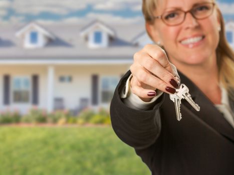 Real Estate Agent Handing Over New House Keys with House Behind.