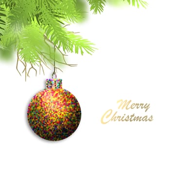 Holiday Christmas design. Abstract Xmas bauble ball hanging on fir branches over white background. Golden text Merry Christmas Happy New Year. Place for text. 3D illustration.