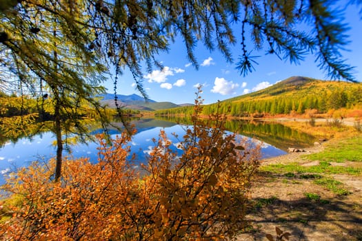 A beautiful flat surface of the lake against the background of colored hills and the blue sky. Fascinating view of the forest lake