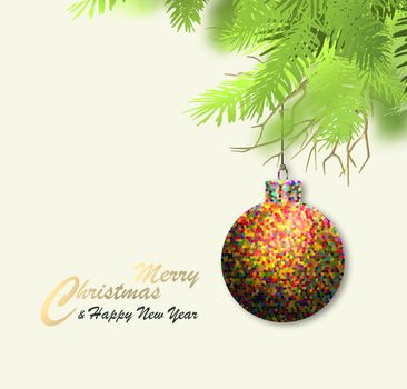 Holiday Christmas design. Abstract colorful Xmas ball bauble hanging on fir branches. Gold text Merry Christmas Happy New Year. Copy space. 3D illustration