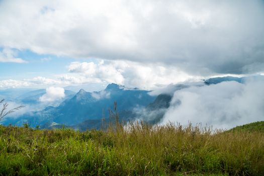 mountain peak on the time of thick fog