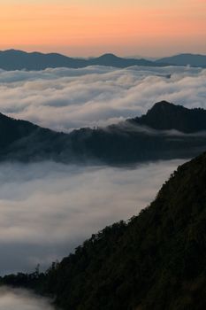 sunrise and sea of fog view on phu chi fa mountain area and national forest park in chiang rai, Thailand.