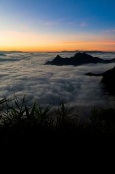 sunrise and sea of fog view on phu chi fa mountain area and national forest park in chiang rai, Thailand.