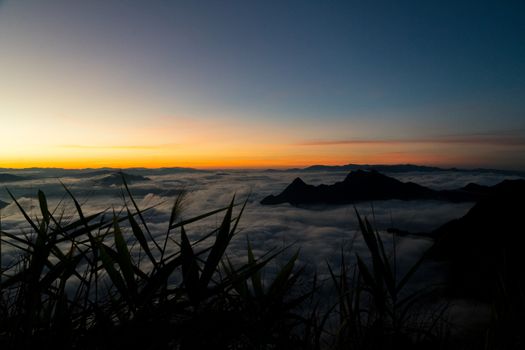 sunrise and sea of fog view on phu chi fa mountain area and national forest park in chiang rai, Thailand.