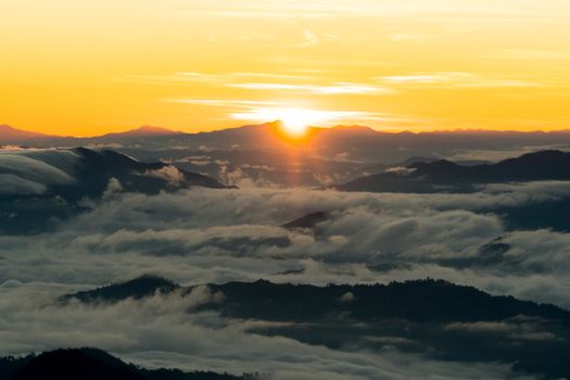 sunrise and sea of fog view on phu chi fa mountain area and national forest park in chiang rai, Thailand.