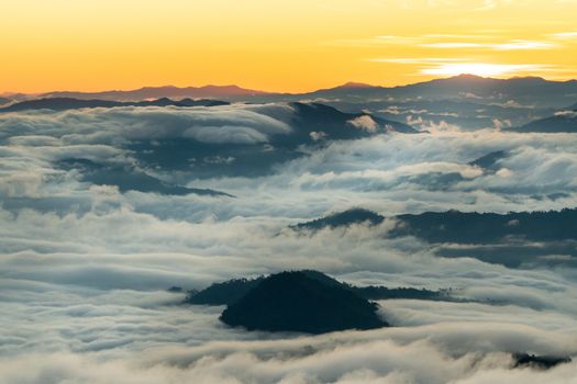 sunrise and sea of fog view on phu chi fa mountain area and national forest park in chiang rai, Thailand.