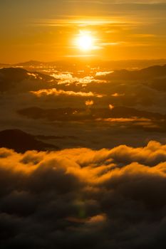 sunrise and sea of fog view on phu chi fa mountain area and national forest park in chiang rai, Thailand.