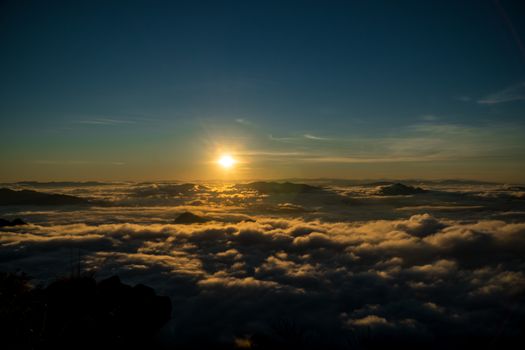 sunrise and sea of fog view on phu chi fa mountain area and national forest park in chiang rai, Thailand.