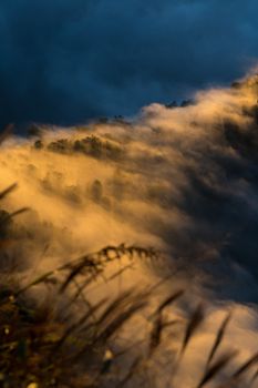 sunrise and sea of fog view on phu chi fa mountain area and national forest park in chiang rai, Thailand.