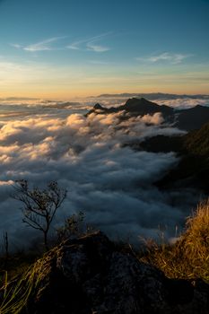 sunrise and sea of fog view on phu chi fa mountain area and national forest park in chiang rai, Thailand.