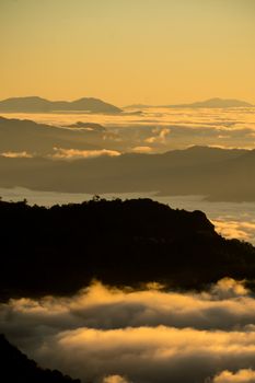 sunrise and sea of fog view on phu chi fa mountain area and national forest park in chiang rai, Thailand.