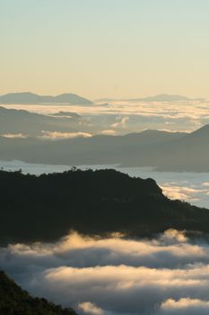 sunrise and sea of fog view on phu chi fa mountain area and national forest park in chiang rai, Thailand.