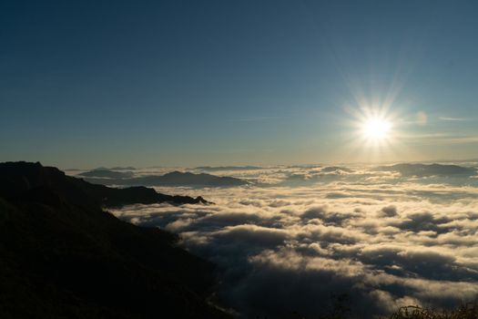 sunrise and sea of fog view on phu chi fa mountain area and national forest park in chiang rai, Thailand.