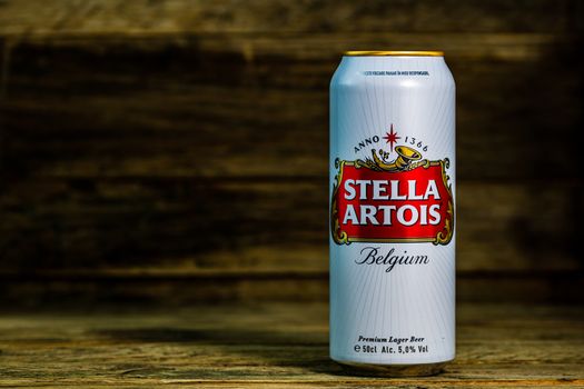 Great Belgium beer - Stella Artois. Belgium Premium Lager beer can. Studio photo shoot in Bucharest, Romania, 2020