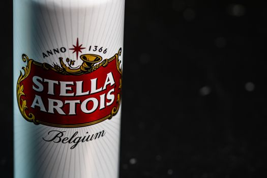 Great Belgium beer - Stella Artois. Belgium Premium Lager beer can. Studio photo shoot in Bucharest, Romania, 2020