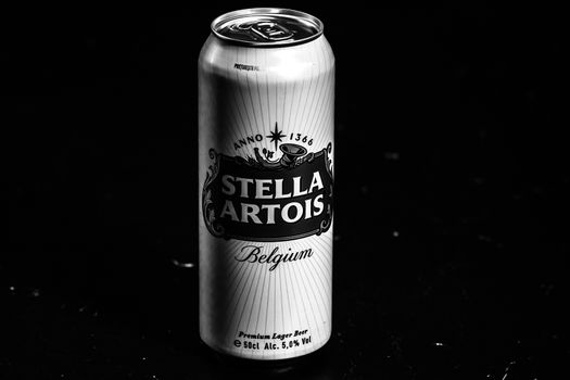 Great Belgium beer - Stella Artois. Belgium Premium Lager beer can. Studio photo shoot in Bucharest, Romania, 2020