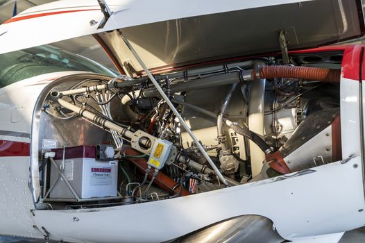 terni,italy october 18 2020:detail of a parachuting plane stopped in a hangar