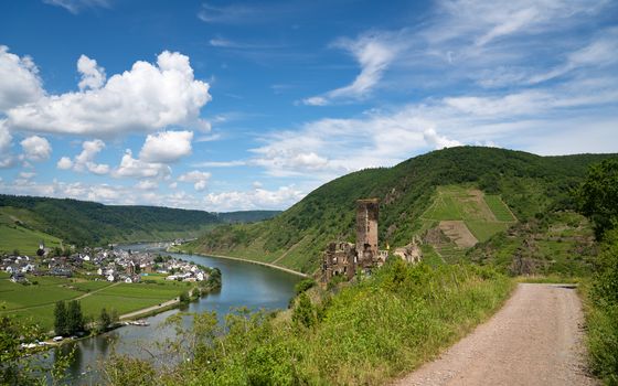 Panoramic image of the landscape close to Beilstein with castle ruin, Moselle, Germany