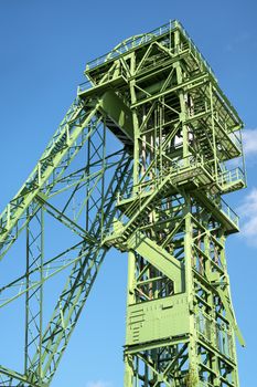 KAMP-LINTFORT, GERMANY - AUGUST 22, 2020: Old pitframe of Zeche Friedrich Heinrich against sky, industrial heritage of Germany on August 22, 2020 in Kamp-Lintfort