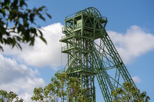 KAMP-LINTFORT, GERMANY - AUGUST 22, 2020: Old pitframe of Zeche Friedrich Heinrich against sky, industrial heritage of Germany on August 22, 2020 in Kamp-Lintfort
