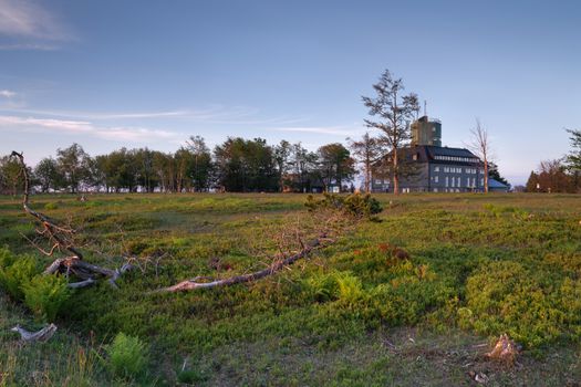 Panoramic image of the peak of the Kahler Asten at dusk, most famous mountain of Sauerland region in Germany