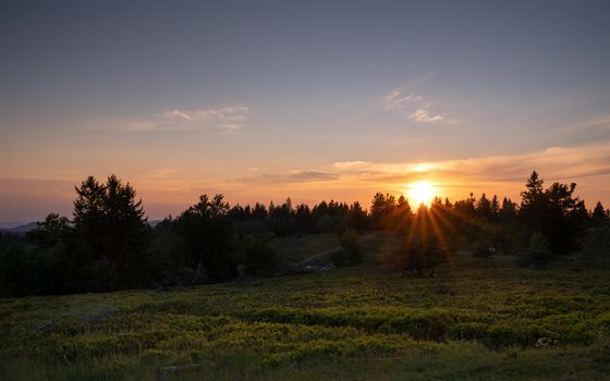 Panoramic image of the peak of the Kahler Asten at sunset, most famous mountain of Sauerland region in Germany