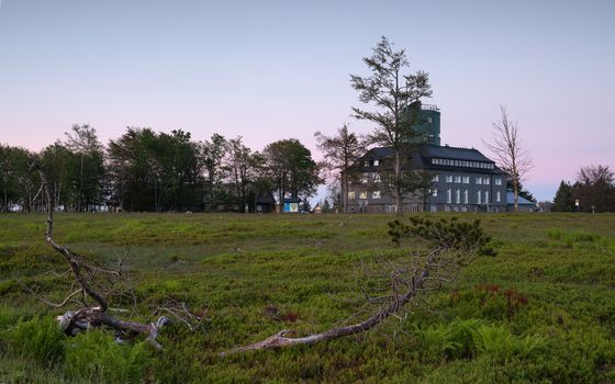 Panoramic image of the peak of the Kahler Asten at dusk, most famous mountain of Sauerland region in Germany