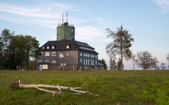 WINTERBERG, GERMANY - JUNE 12, 2020: Panoramic image of the peak of the Kahler Asten at dusk, most famous mountain of Sauerland region on June 12, 2020 in Germany