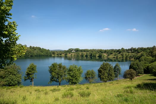Panoramic image of the landscape of Vulkaneifel with Maare lakes close to Schalkenmehren, Germany