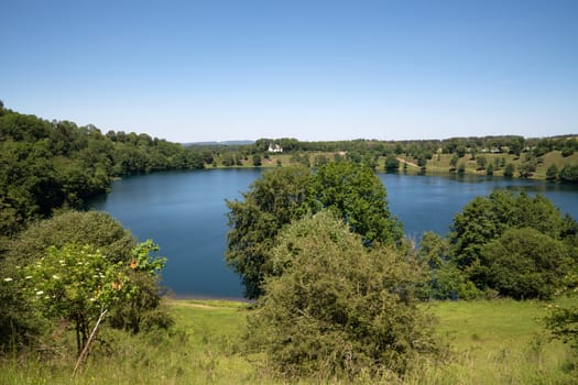 Panoramic image of the landscape of Vulkaneifel with Maare lakes close to Schalkenmehren, Germany