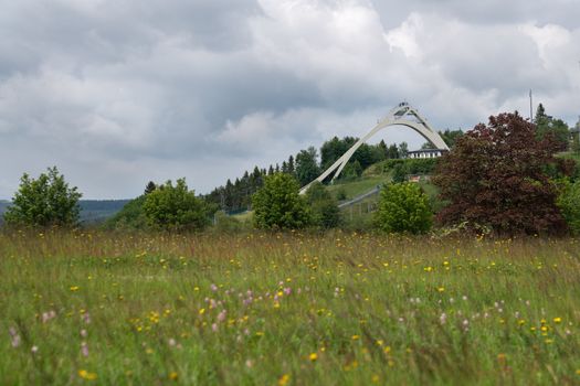 Panoramic image of the landscape close to Winterberg with ski jump, Sauerland region, Germany