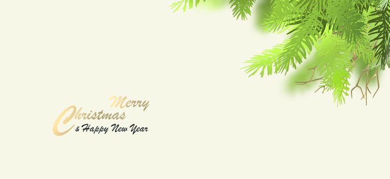 Christmas holiday background. Minimalist Xmas banner with Xmas fir branches, gold tree, shiny text Merry Christmas Happy New Year on white yellow pastel background. Place for text, copy space. 3D render