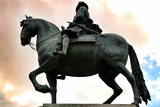Beautiful equestrian statue of Felipe III in the main square in Madrid called Plaza Mayor 