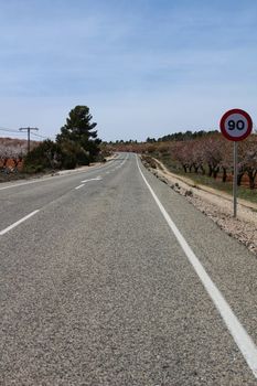 Lonely road with speed road sign in Spain