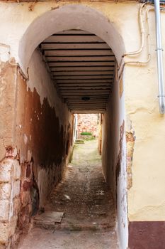 Narrow streets and old facades in Alcaraz, Castilla la Mancha community, Spain