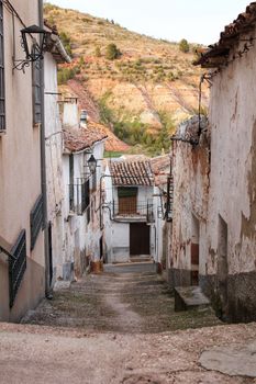 Narrow streets and old facades in Alcaraz, Castilla la Mancha community, Spain