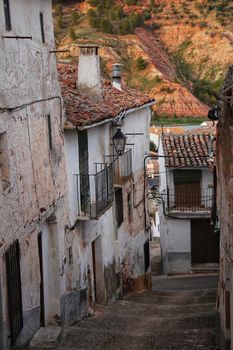 Narrow streets and old facades in Alcaraz, Castilla la Mancha community, Spain