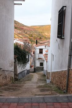 Narrow streets and old facades in Alcaraz, Castilla la Mancha community, Spain