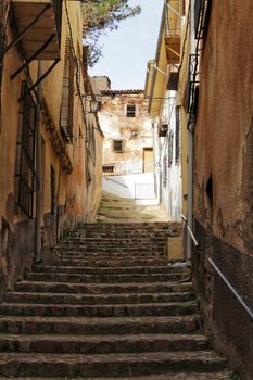 Narrow streets and old facades in Alcaraz, Castilla la Mancha community, Spain