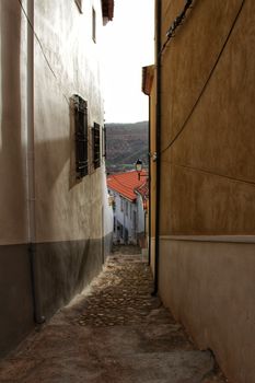 Narrow streets and old facades in Alcaraz, Castilla la Mancha community, Spain