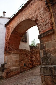 Narrow streets with Renaissance style houses and carved facades in Alcaraz, Castile-la Mancha community, Spain