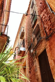 Narrow streets with Renaissance style houses and carved facades in Alcaraz, Castile-la Mancha community, Spain