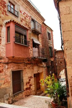 Narrow streets with Renaissance style houses and carved facades in Alcaraz, Castile-la Mancha community, Spain