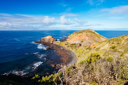 The famous Cape Schanck boardwalk runs towards the sea and rock formation known as London Bridge, in Victora. Australia