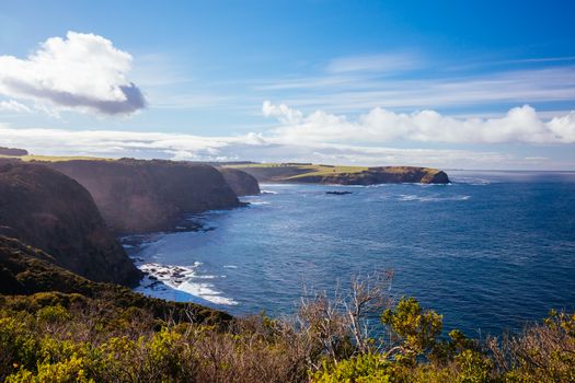 The view from Angel Cave lookout over Bushrangers Bay towards Phillip Island, in Victora. Australia